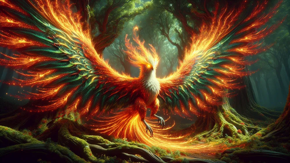 Majestic Phoenix With Fiery Plumage In Enchanted Ancient Forest Setting