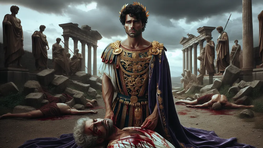 Oedipus Realizing His Tragic Fate Standing Over Laius In Ancient Greece
