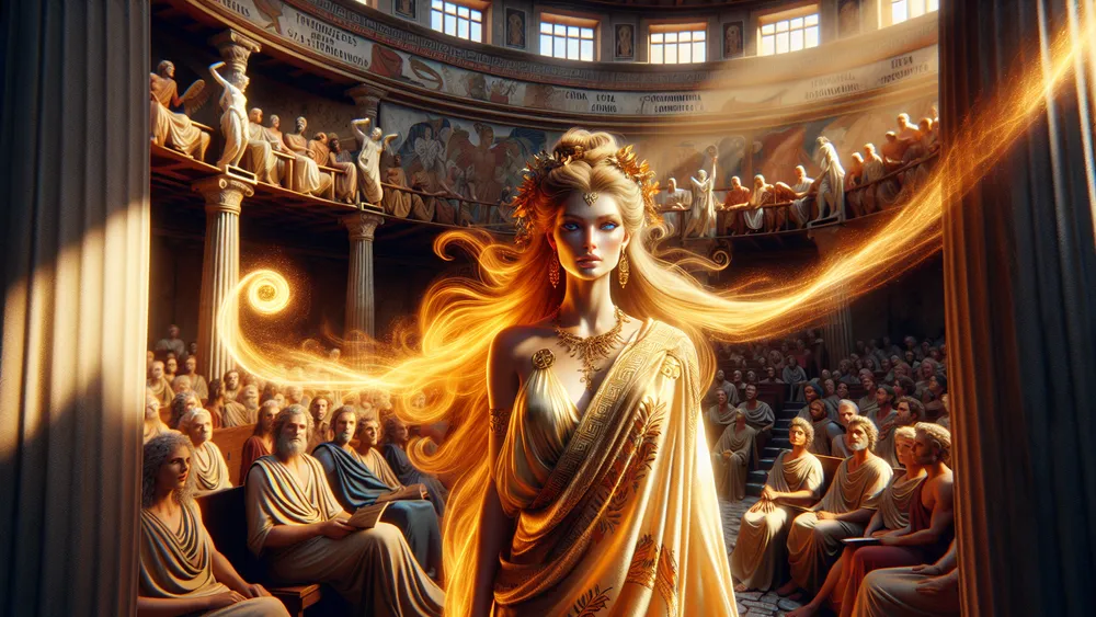 Pheme Influencing Ancient Greek Society Amidst A Bustling Amphitheater Scene