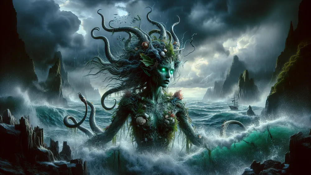 Scylla Greek Sea Monster Amidst Turbulent Waves And Rocky Cliffs