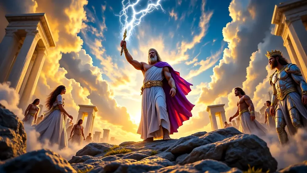 Zeus and Greek gods in majestic Olympus assembly.