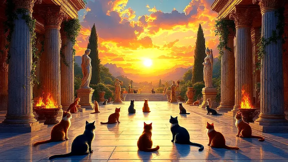 127 mythical Greek-named cats in a divine temple.