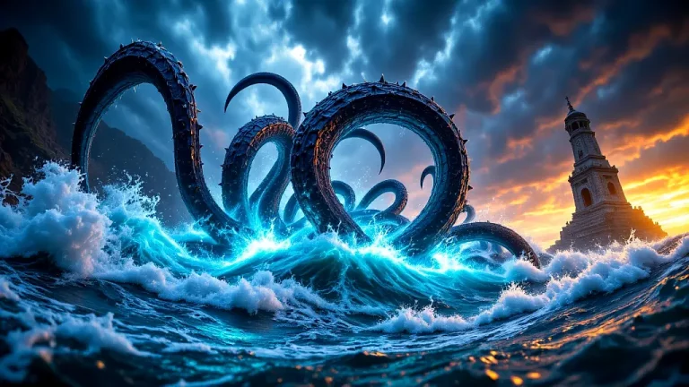 17 legendary mythical sea creatures emerging from stormy ocean.