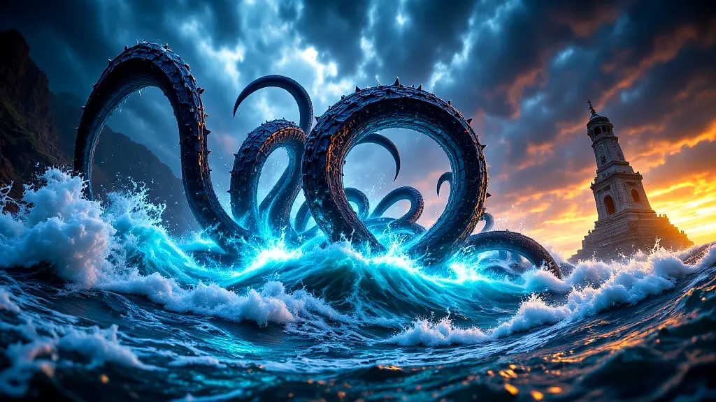 17 legendary mythical sea creatures emerging from stormy ocean.