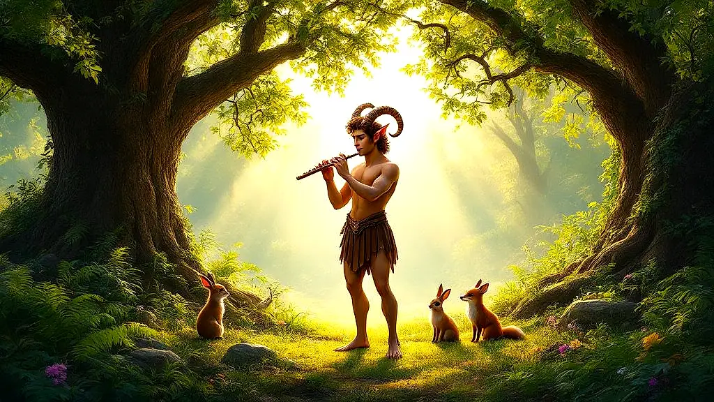 A Roman faun playing flute in a sunlit enchanted forest.