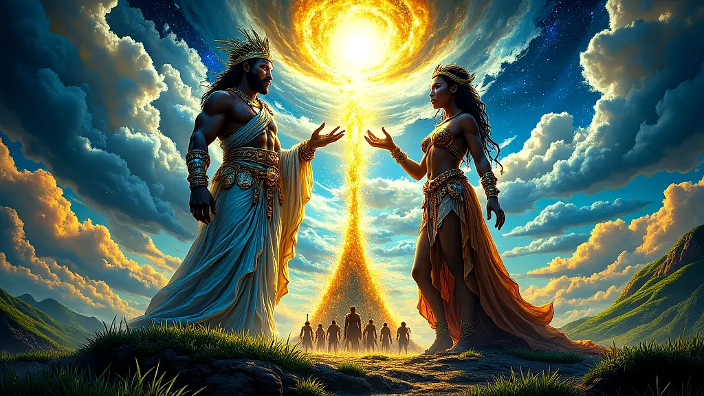 Abassi and Atai creating humanity in vibrant cosmic harmony.