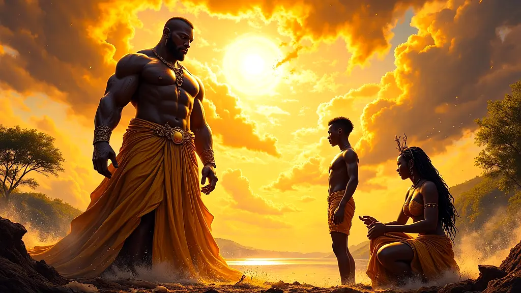 Abassi sculpts humans from sacred clay as Atai prepares the earth.