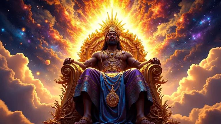 Abassi, Supreme Creator God, seated on celestial throne in cosmic splendor.