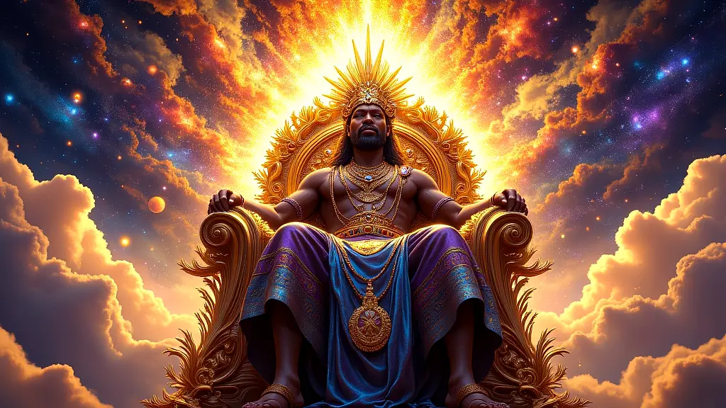Abassi, Supreme Creator God, seated on celestial throne in cosmic splendor.