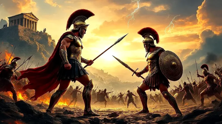 Achilles and Hector clash in an epic Trojan War battle.