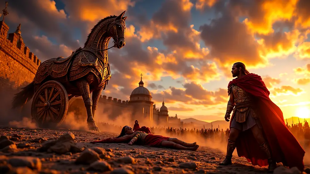 Achilles drags Hector as Odysseus builds the Trojan Horse.