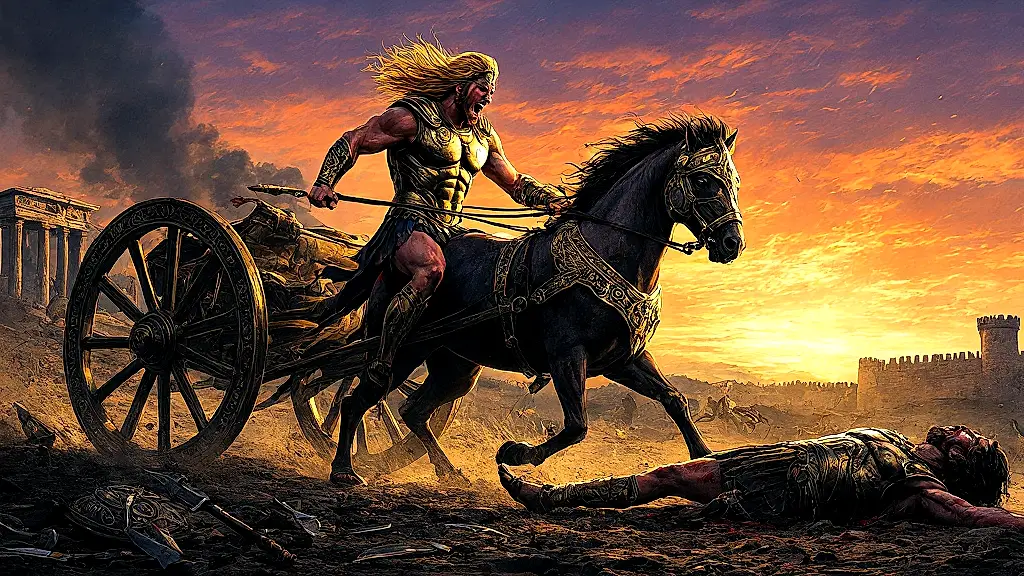 Achilles drags Hector's body in furious vengeance at dawn.