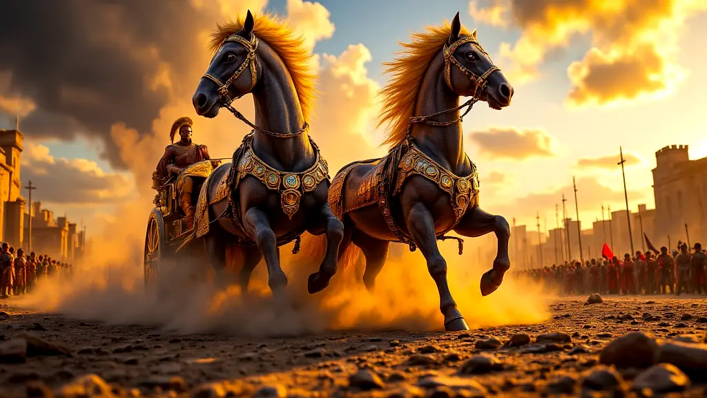 Achilles' immortal horses, Xanthos and Balius, charging into battle.
