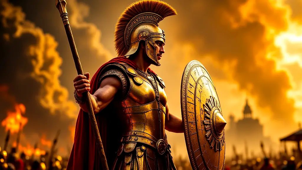 Achilles in divine armor wielding his legendary spear, Trojan War backdrop.
