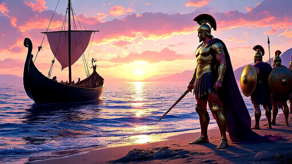 Achilles in golden armor at dawn, Homer’s vibrant color symbolism.