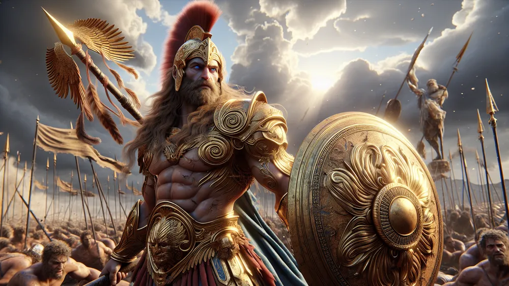 Achilles The Greatest Greek Warrior In Golden Armor On A Dramatic Battlefield