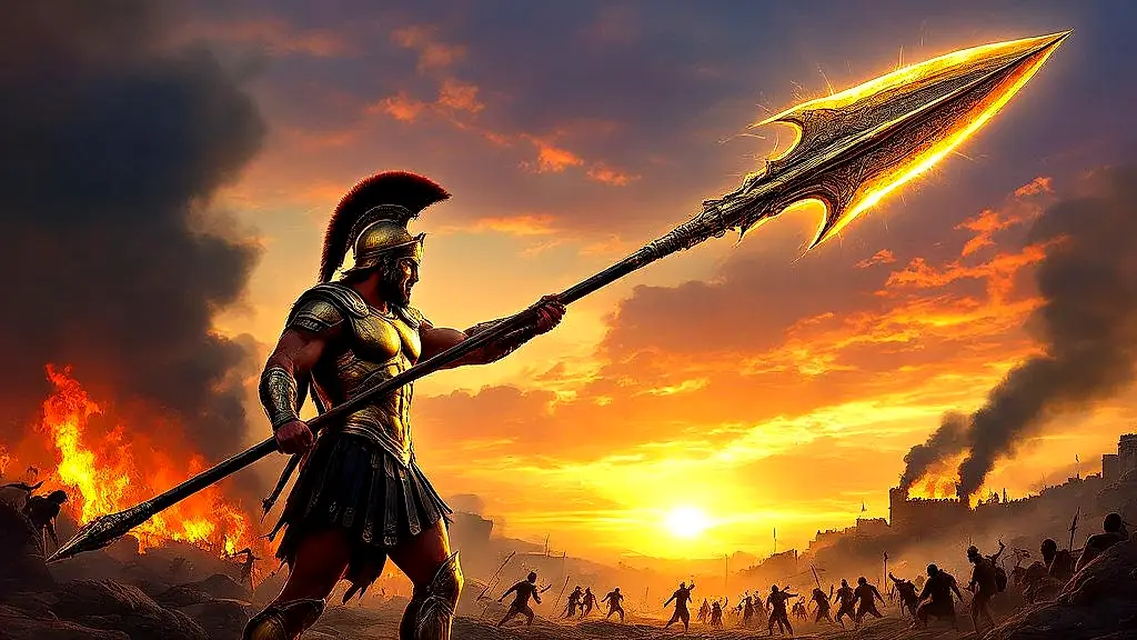 Achilles wields his divine Pelian ash spear on battlefield.