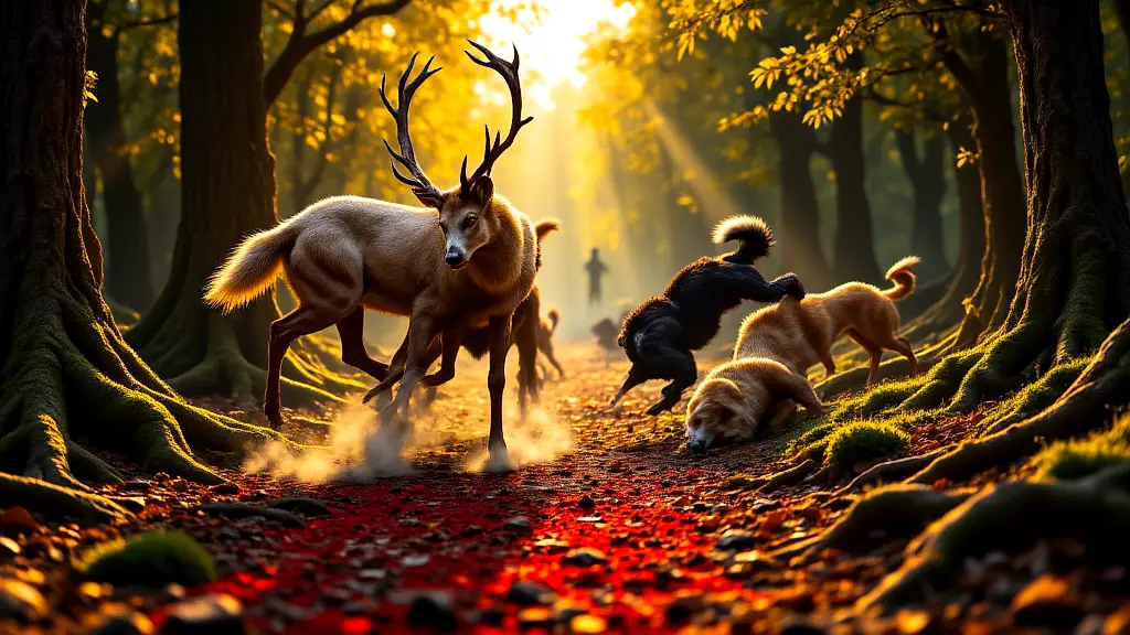 Actaeon as stag attacked by his own hounds.