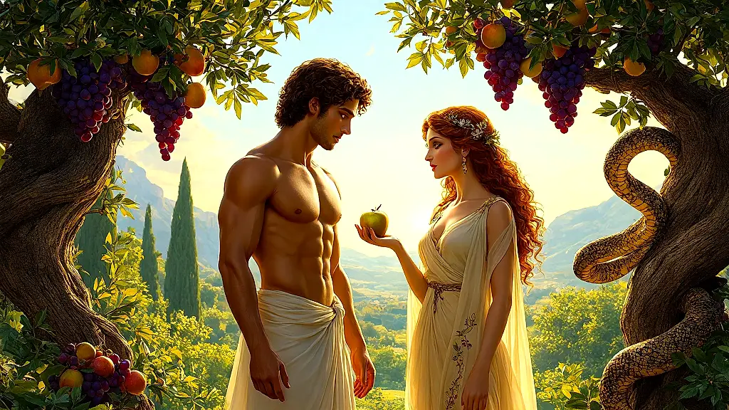 Adam and Eve in Greek mythology holding golden apple.