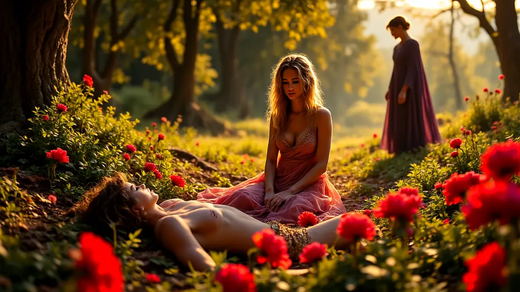 Adonis dying as red anemones bloom, Aphrodite grieving.