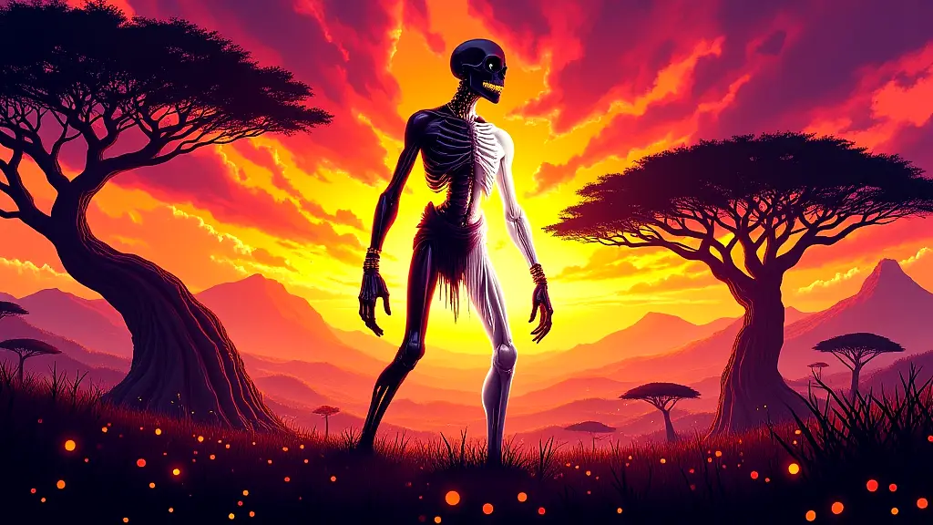 Adroa, the dual-natured Lugbara god, stands tall at dusk.