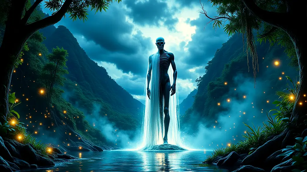Adroa, the split Lugbara deity, towers over a sacred river.