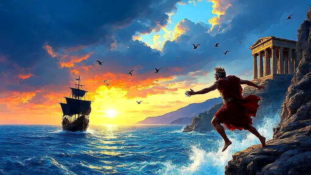 Aegeus leaps into the sea, black sails in distance.