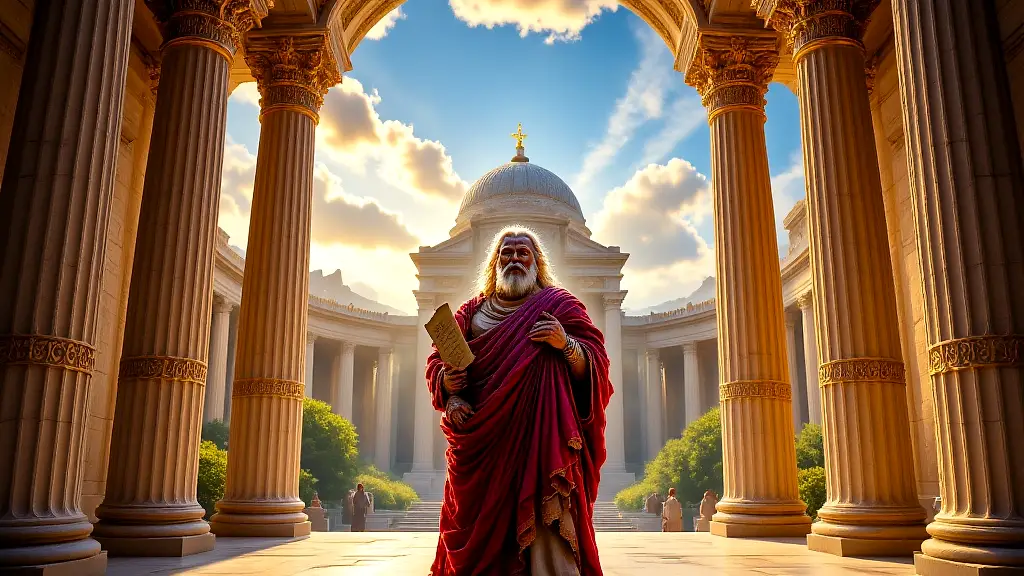 Aeschylus in golden amphitheater, holding scroll, epic lighting.