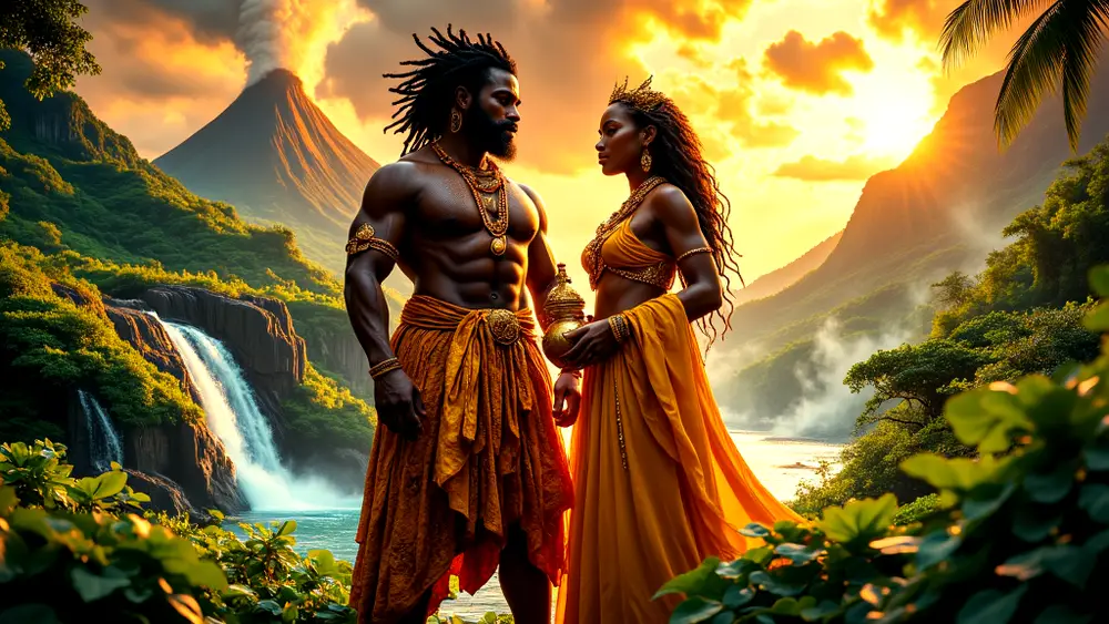 Aganju and Oshun unite in a fertile volcanic landscape.