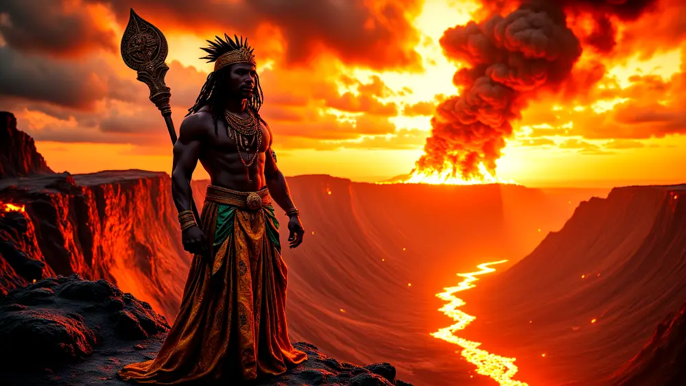 Aganju, Orisha of strength, stands powerfully on volcanic terrain.