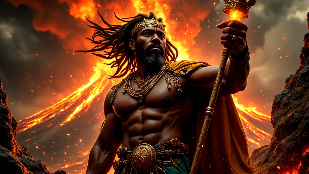 Aganju, Orisha of Volcanoes, commands fiery wilderness with divine strength.