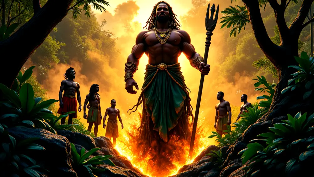 Aganju, the wild forest deity, challenges hunters at a ravine.
