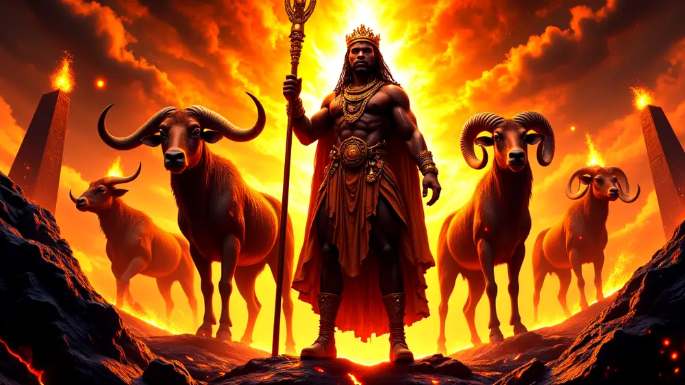 Aganju with sacred bull, ram, and celestial numbers.