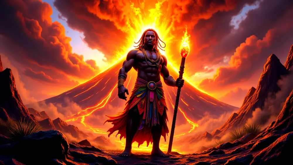Aganju, Yoruba earth deity, standing before erupting volcano.
