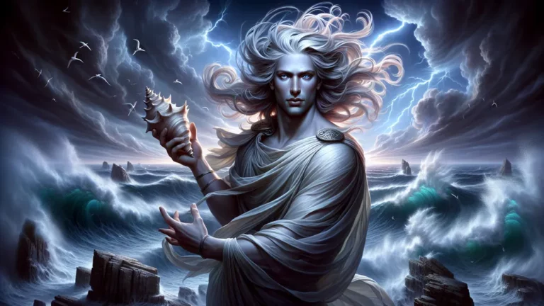 Aiolos Greek Wind God In Stormy Seascape With Swirling Clouds And Lightning