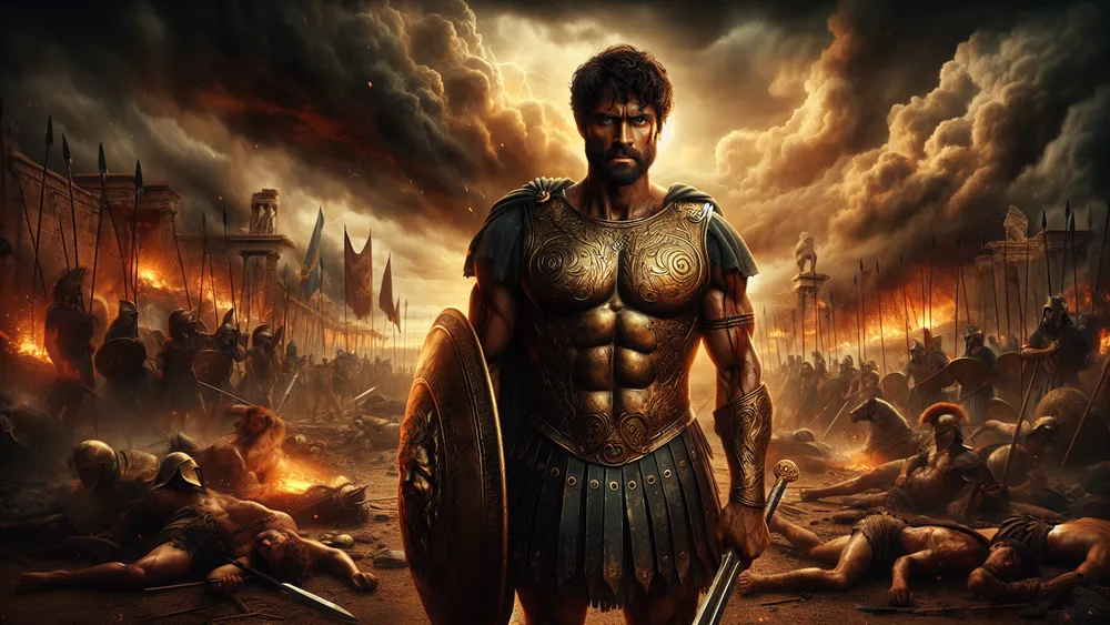 Ajax The Great In Greek Armor On A Fiery Trojan War Battlefield