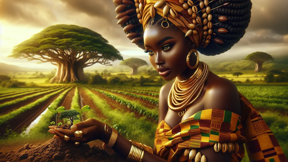 Akan Earth Goddess Asase Ya Standing In A Lush Golden Landscape