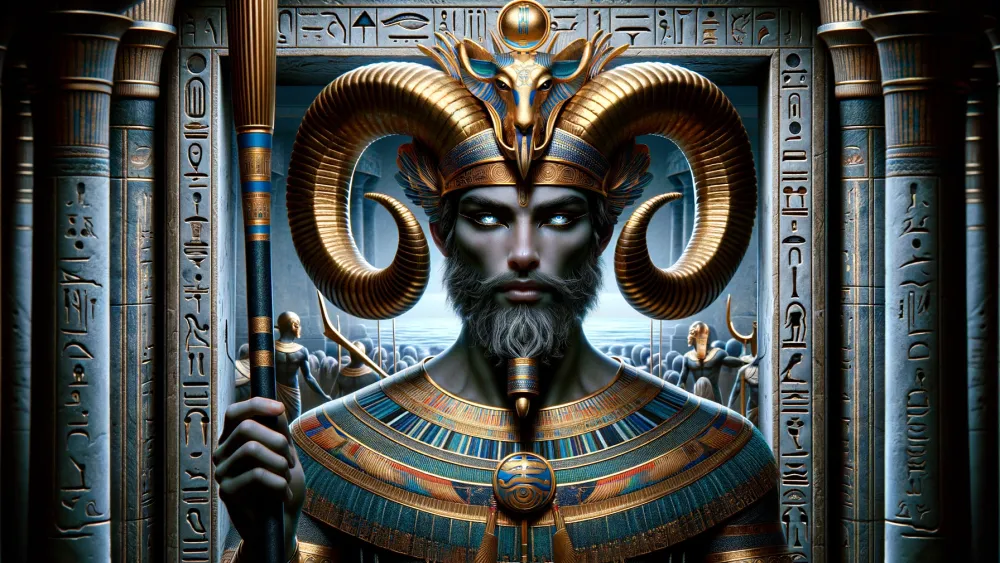 Aken, Egyptian god, guiding a boat of souls in the underworld.
