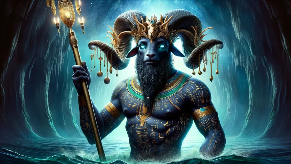 Aken, the Egyptian God, guiding souls through the underworld on a mystical boat.