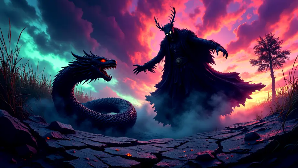Ala battles Chernobog in a stormy Slavic landscape.