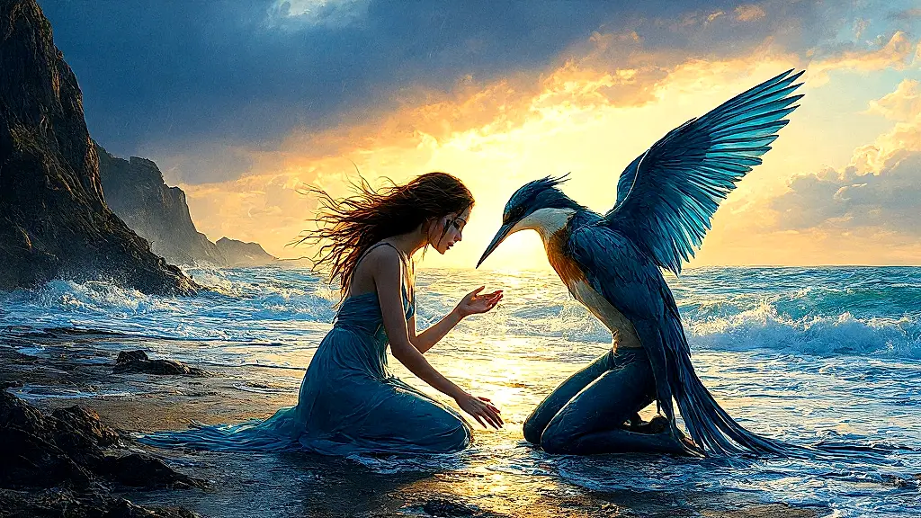 Alcyone and Ceyx transform into kingfishers on a stormy shore.