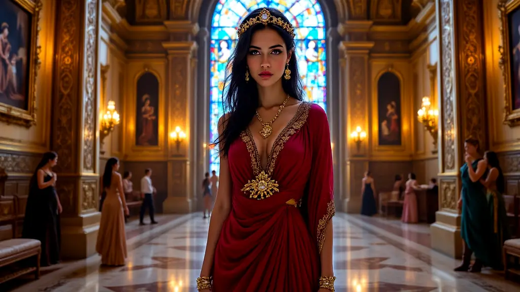 Althaea, royal Greek heroine, stands in ornate palace.