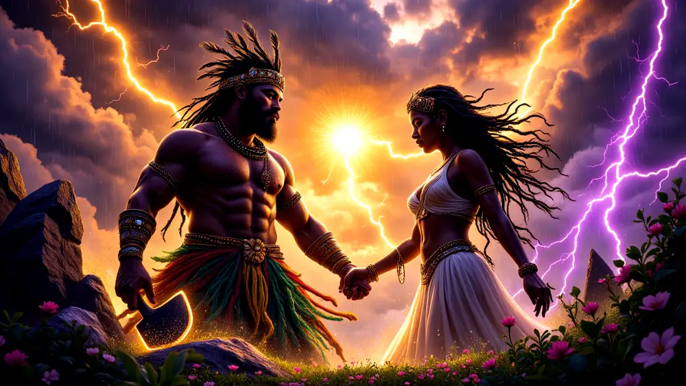 Amadioha and Ala’s divine marriage during a storm.