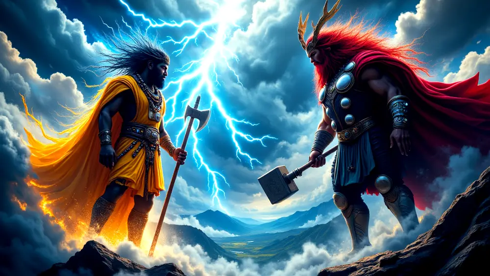 Amadioha and Thor, thunder gods, clash in a stormy divine showdown.