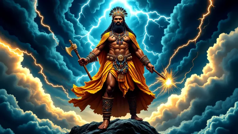 Amadioha, Igbo God of Thunder, wielding lightning in a stormy sky.