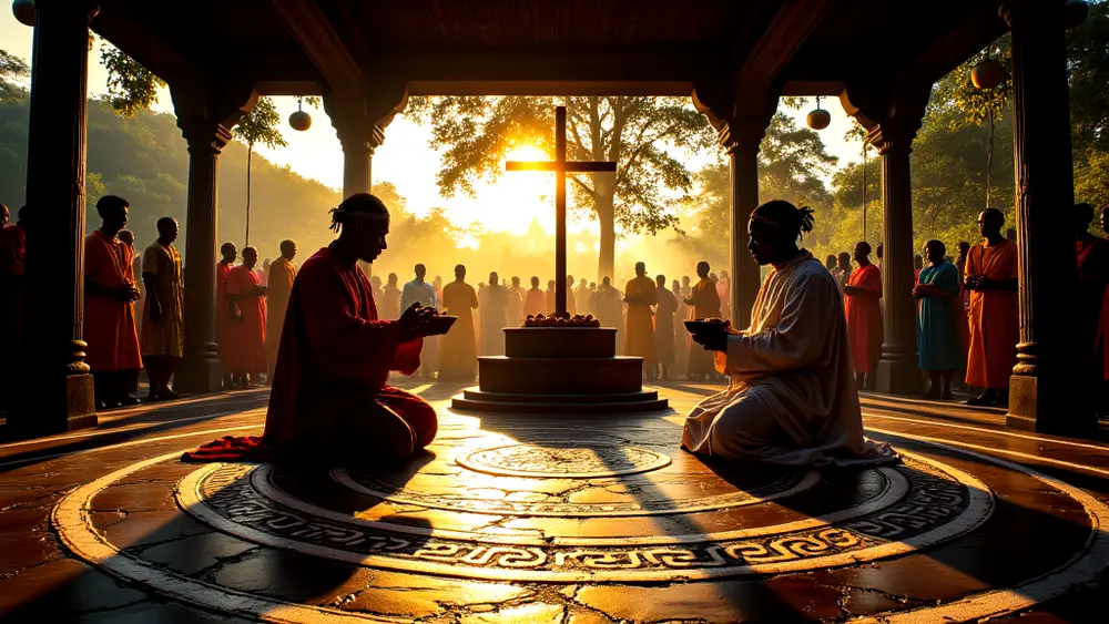 Amadioha’s shrine with priests performing rituals under golden sunlight.
