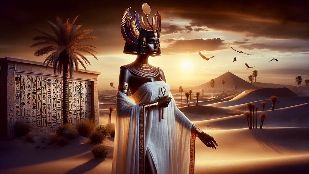 Amentet Egyptian Goddess In A Desert At Twilight Near An Ancient Temple