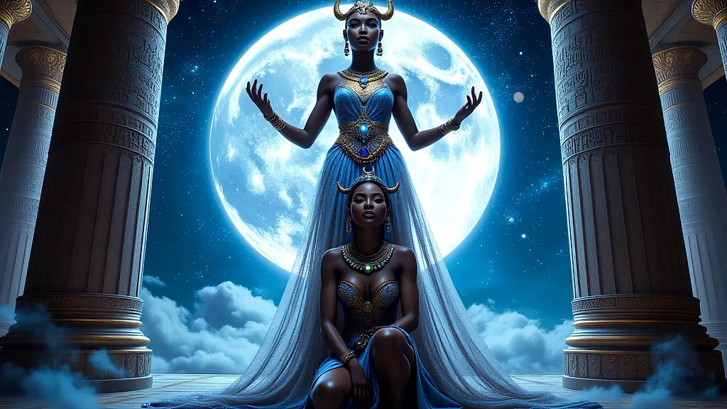 Amesemi, Nubian moon goddess, protects a Kushite queen under celestial light.