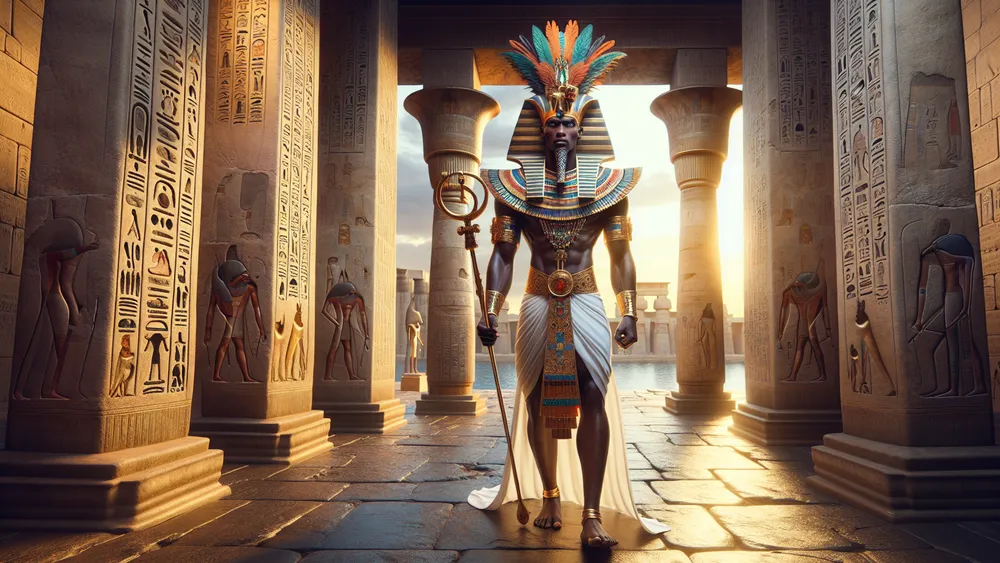 Amon Egyptian God Stands Regally Before An Ancient Temple At Sunset