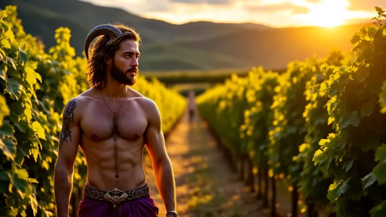 Ampelos, the satyr, adored by Dionysus in a vibrant vineyard.